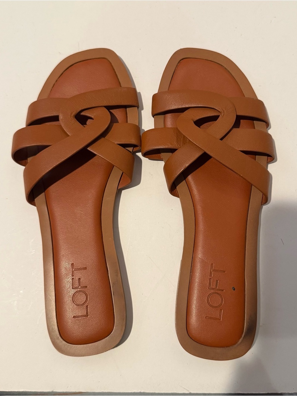 LOFT Cognac Brown Leather Slide Sandals